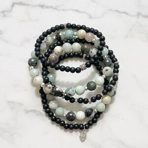 Boho Stacking Bracelet Set (5pc) | Aventurine, Ebony Wood & Silver Hamsa Charm